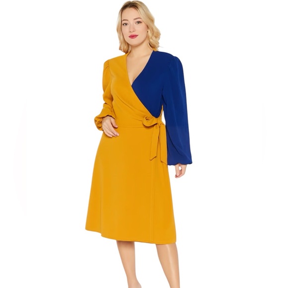 Kasper Women’s Textured Sheath Dress Colorblock Gold Blue Faux‎ Wrap Size 3X NWT - Picture 1 of 9